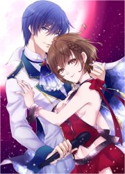 1boy 1girl ascot blue_eyes blue_hair bow braid breasts brown_eyes brown_hair cleavage couple earrings flower gradient_ascot gradient_neckwear holding holding_microphone jacket jewelry kaito_(vocaloid) looking_at_viewer medium_breasts meiko_(vocaloid) microphone midriff miniskirt moon navel pleated_skirt red_bow red_flower red_rose red_skirt rose sideboob single_braid skirt sleeveless smile stomach tonyo_(milky_crown) vocaloid white_jacket wrist_cuffs