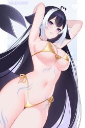 1girl ahoge animal_ears arms_behind_head arms_up bikini black_hair body_markings breasts cat_ears cetacean_tail commentary cowboy_shot dutch_angle facial_mark fins fish_tail front-tie_bikini_top front-tie_top glint gold_bikini golden_week golden_week_bikini groin heart heart_ahoge highleg highleg_bikini highres indie_virtual_youtuber large_breasts long_hair metalkrot multicolored_hair navel orca_girl purple_eyes shylily side-tie_bikini_bottom simple_background solo streaked_hair swimsuit tail twitter_username very_long_hair virtual_youtuber white_hair