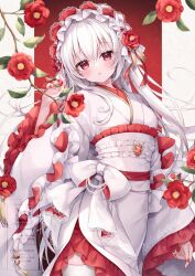 1girl blush bow breasts flower frills gem hair_between_eyes hair_flower hair_ornament headdress japanese_clothes kimono long_hair looking_at_viewer mitsuba_choco obi original red_eyes red_kimono red_nails sash solo thighhighs very_long_hair white_hair white_kimono white_thighhighs wide_sleeves