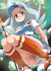 Rule 34 | 1girl, ass, blue eyes, blue hair, breasts, covered erect nipples, elite four, female focus, from below, full body, golf club, highres, huge ass, kahili (pokemon), looking at viewer, medium breasts, nintendo, no bra, nori (akusei shinseibutsu), panties, pantyshot, partially visible vulva, poke ball, pokemon, pokemon sm, pov, presenting, pussy, pussy juice, shoes, skirt, solo, spread pussy, spread pussy under clothes, squatting, sweat, textless version, underwear, visor cap