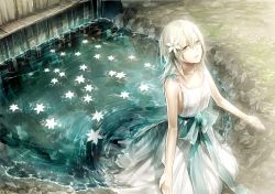 1girl bare_shoulders bow dress female_focus flower green_eyes hair_flower hair_ornament kazari_tayu looking_up nier nier_(series) parted_lips ripples short_hair silver_hair solo water wet wet_clothes yonah