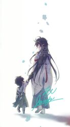 Rule 34 | 2boys, aqua horns, black gloves, black hair, chinese clothes, commentary request, dan feng (honkai: star rail), dan heng (honkai: star rail), dan heng (imbibitor lunae) (honkai: star rail), dragon boy, eastern dragon horns, from behind, gloves, holding hands, honkai: star rail, honkai (series), horns, kaimya1118, long hair, multiple boys, short hair, signature, very long hair, very short hair, watermark, watermark grid