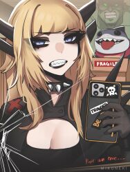 1girl absurdres artist_name blonde_hair blue_eyes box breasts cellphone cleavage cleavage_cutout clothing_cutout collar gloves highres holding holding_phone hulk jeff_(marvel) long_hair looking_at_viewer magik_(x-men) marvel marvel_rivals mikuneki mirror mirror_selfie phone punk shark smartphone spiked_collar spikes x-men