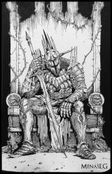 1boy absurdres arm_on_knee armor armored_boots artist_name aurous_(dark_souls) belt black_border boots border breastplate commentary dark_souls_(series) dark_souls_ii full_armor full_body gauntlets greaves greyscale hand_up helmet highres holding holding_sword holding_weapon knight loincloth looking_down male_focus menaslg monochrome pauldrons shoulder_armor sitting sitting_on_throne solo spiked_helmet spiked_pauldrons sword thorns throne weapon
