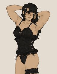 1girl arms_behind_head black_corset black_eyes black_hair bow breasts chest_bow cleavage collarbone corset curly_hair expressionless genderswap genderswap_(mtf) hair_bow highres kkoma94 long_hair omniscient_reader&#039;s_viewpoint side-eyed solo spaghetti_strap thigh_strap thong upper_body yoo_joonghyuk