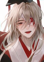 Rule 34 | 1boy, absurdres, bandage over one eye, bandaged head, bandages, bishounen, black hat, blonde hair, blood, bloody bandages, character request, chinese clothes, copyright request, crying, crying with eyes open, hair between eyes, hanfu, hat, hat ribbon, highres, injury, korean commentary, long hair, looking at viewer, male focus, open mouth, portrait, red eyes, red ribbon, ribbon, simple background, smile, solo, tears, teeth, upper body, white background, white hanfu, young57440489