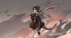 1girl absurdres ascot black_ascot black_hair blue_eyes coat double_bun dragon_tail epaulettes floating_hair fur-trimmed_gloves fur_trim gloves hair_between_eyes hair_bun hair_ribbon highres hirooka_masaki holding holding_sword holding_weapon huge_weapon layered_skirt leather leather_gloves long_hair looking_afar open_clothes open_coat original over_shoulder parted_bangs puffy_sleeves red_coat red_skirt ribbon sidelocks single_epaulette single_thighhigh skirt solo sword tail thigh_strap thighhighs twintails very_long_hair weapon weapon_over_shoulder white_ribbon