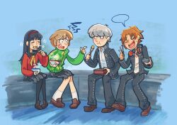 2boys 2girls ^_^ amagi_yukiko black_hair black_jacket black_pants black_pantyhose black_sailor_collar black_skirt bowl brown_hair brown_shoes chopsticks closed_eyes commentary eating english_commentary food full_body green_jacket hairband hanamura_yousuke headphones headphones_around_neck highres holding holding_bento holding_bowl holding_chopsticks jacket loafers long_hair multiple_boys multiple_girls narukami_yu neckerchief open_mouth pants pantyhose persona persona_4 pointing pointing_at_another red_hairband red_shirt sailor_collar satonaka_chie shirt shoes short_hair sitting skirt socks speech_bubble steam track_jacket valynnz white_hair white_shirt white_socks yellow_neckerchief