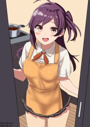1girl ahoge akkun_teitoku apron black_skirt brown_eyes collared_shirt cooking_pot cowboy_shot door dress_shirt hagikaze_(kancolle) highres kantai_collection looking_at_viewer one-hour_drawing_challenge one_side_up open_mouth orange_apron purple_hair shirt skirt smile solo white_shirt