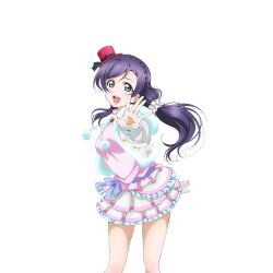 1girl arm_up black_ribbon blush braid breasts cowboy_shot detached_sleeves frilled_skirt frills fur_jacket green_eyes hair_ornament hair_scrunchie hat hat_ribbon jacket large_breasts layered_skirt long_hair looking_at_viewer love_live! love_live!_school_idol_festival love_live!_school_idol_project low-tied_long_hair mini_hat official_alternate_hairstyle official_art open_mouth outstretched_arm pink_shirt purple_hair purple_ribbon red_hat ribbon scrunchie shirt skirt snow_halation solo standing teeth tojo_nozomi transparent_background turtleneck turtleneck_shirt upper_teeth_only white_jacket white_scrunchie white_skirt