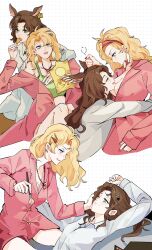 2girls ;) animal_ears arms_around_waist bag_of_chips between_breasts bibibi454 blonney breasts brown_hair chips_(food) cleavage collared_shirt deer_ears deer_girl ear_tag earrings feeding food green_eyes green_sports_bra hand_on_another&#039;s_head hand_on_another&#039;s_shoulder head_between_breasts highres holding holding_brush holding_food hug jessica_(reverse:1999) jewelry long_hair multiple_girls multiple_views one_eye_closed open_mouth pink_shirt potato_chips purple_eyes reverse:1999 shirt smile sports_bra upper_body white_background white_shirt yuri