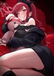 1girl ass bare_shoulders black_dress black_hairband black_jacket black_nightgown black_panties blush breasts commentary dress earrings frilled_nightgown fur_jacket hairband heart heart_earrings heterochromia highres holika_baby hololive houshou_marine houshou_marine_(loungewear) hugging_doll hugging_object jacket jewelry large_breasts long_hair long_sleeves looking_at_viewer lying nightgown official_alternate_costume official_alternate_hairstyle on_side open_clothes open_jacket panties puffy_long_sleeves puffy_sleeves red_eyes red_hair solo stuffed_animal stuffed_toy symbol-only_commentary teddy_bear thighs underwear virtual_youtuber yellow_eyes