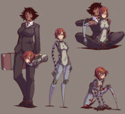 2girls amputee artificial_eye assembling black_hair blood blood_on_face breasts briefcase carrying claws commentary crazy_eyes crazy_smile cyborg dark-skinned_female dark_skin expressionless formal_clothes gammatelier hand_on_another&#039;s_shoulder heterochromia large_breasts long_arms mechanical_eye multicolored_hair multiple_girls no_feet original quadruple_amputee red_eyes red_hair scar short_hair simple_background smile streaked_hair suit tongue tongue_out yellow_eyes