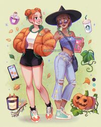 2girls artist_name bag black_bag black_hat black_shorts black_socks blue_pants book brown_hair candle cellphone coat crop_top cup denim disposable_cup double_bun gradient_hair green_hair hair_bun hand_on_another&#039;s_shoulder hat highres holding holding_book jack-o&#039;-lantern jeans leaf looking_at_another luztapiaart midriff multicolored_hair multiple_girls open_clothes open_coat orange_coat orange_hair original pants peyton_(luztapiaart) phone roya_(luztapiaart) shirt shoes short_shorts shorts shoulder_bag smartphone sneakers socks sunglasses torn_clothes torn_pants two-tone_hair watermark white_shirt witch_hat