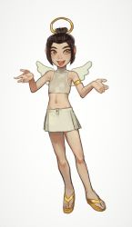 1girl :d angel armlet avatar:_the_last_airbender avatar_legends azula brown_hair fake_halo fake_wings female_focus flat_chest full_body halo hands_up highres jewelry looking_at_viewer midriff miniskirt mossacannibalis navel open_mouth sandals simple_background skirt smile solo tongue tongue_out white_background white_skirt wings yellow_eyes