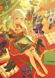1girl absurdres alternate_costume barefoot black_footwear boots bow bowtie box box_on_lap card character_doll christmas_tree clara_(honkai:_star_rail) commentary_request dress frilled_dress frills from_above fur-trimmed_boots fur_trim gift gift_box greeting_card grin high_heel_boots high_heels highres holding holding_boots holding_card holding_footwear holding_unworn_clothes honkai:_star_rail honkai_(series) indoors long_hair long_sleeves looking_at_viewer nefula14 on_floor plaid_clothes plaid_dress red_bow red_bowtie red_dress red_eyes ribbon shoes sitting smile solo svarog_(honkai:_star_rail) thigh_strap toes unworn_boots unworn_shoes white_footwear white_hair