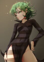 Rule 34 | 1girl, black dress, breasts, closed mouth, collarbone, contrapposto, covered navel, cowboy shot, curly hair, dress, green eyes, green hair, grey background, hand on own hip, highres, looking at viewer, one-punch man, pelvic curtain, popped collar, short hair, side slit, simple background, small breasts, srlmao, standing, tatsumaki, taut clothes, taut dress, thighs, v-shaped eyebrows