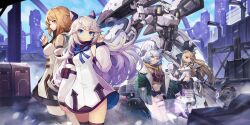 4girls absurdres animal_ears aqua_hair aqua_sky armor artist_request bad_link bare_shoulders belt belt_buckle belt_pouch black_collar black_gloves blonde_eyebrows blonde_hair blue_eyes blue_footwear blue_shorts bolt_(hardware) boots breasts brown_belt buckle buttons circle_print city city_lights closed_mouth cloud cloudy_sky coat collar collared_coat coral_(final_gear) cropped_hoodie detached_sleeves drawstring earrings evelyn_(final_gear) fake_animal_ears final_gear fox_ears frown fur-trimmed_shorts fur_trim game_cg gloves gold_buckle green_coat green_eyes hair_between_eyes hair_ears hair_flaps hair_ornament half_updo high_ponytail highres holding holding_mallet hood hoodie jacket jewelry kneehighs lamppost leg_belt leg_ribbon long_hair long_sleeves looking_at_viewer mallet margaret_(final_gear) mecha mechanical_hands mechanical_legs medium_breasts midriff multicolored_coat multiple_girls navel no_pants official_art open_mouth ponytail pouch puffy_coat puffy_collar red_hoodie ribbon robot round_eyewear short_hair short_shorts shorts shoulder_armor sidelocks sky socks standing striped_clothes striped_ribbon striped_socks stuffed_animal stuffed_toy thigh_ribbon third-party_source two-tone_bodysuit two-tone_coat two-tone_collar veronica_(final_gear) vertical-striped_clothes vertical-striped_socks very_long_hair white_coat white_collar white_hair white_jacket wide_sleeves yellow_hood zipper_pull_tab