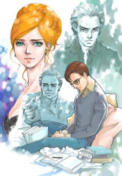 1girl 2000s 3boys bed ben_parker blue_eyes book brown_hair couple dress_shirt earrings glasses harry_osborn jewelry kosuga_kumi long_hair marvel mary_jane_watson multiple_boys orange_hair pants peter_parker shirt short_hair sitting spider-man spider-man_(series) uncle_ben