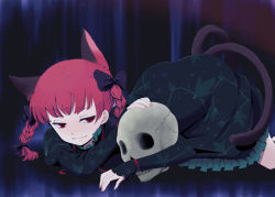 1girl animal_ears bad_id bad_pixiv_id braid cat_ears cat_girl cat_tail female_focus hair_ribbon ica kaenbyou_rin multiple_tails hugging_object red_eyes red_hair ribbon skull smile solo tail touhou twin_braids