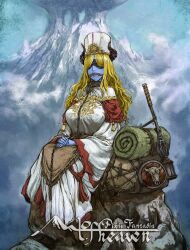 Rule 34 | 1girl, backpack, bag, blindfold, blonde hair, blue skin, buckler, cervus, chain, collar, colored skin, flanged mace, gagged, highres, leash, long hair, long sleeves, outdoors, pixiv fantasia, pixiv fantasia mountain of heaven, robe, rock, rope gag, saint, shield, sitting, skull, solo, weapon