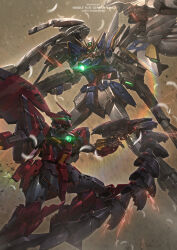 Rule 34 | absurdres, battle, beam rifle, bilingual commentary, brayanong999, buster rifle, commentary, commentary request, copyright name, debris, dual wielding, energy gun, english commentary, falling feathers, feathers, glowing, glowing eyes, green eyes, gun, gundam, gundam epyon, gundam wing, gundam wing: endless waltz, highres, holding, holding gun, holding weapon, lens flare, looking at another, mecha, mecha focus, mechanical wings, mixed-language commentary, mobile suit, no humans, robot, science fiction, v-fin, weapon, whip, wing gundam zero custom, wings
