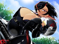 1girl belt belt_buckle big_belly black_arms_insignia black_bodysuit black_hair black_jacket blue_sky bodysuit bracelet breasts buckle choker cleavage cloud cloudy_sky cosplay dark-skinned_female dark_skin earrings fur_collar fur_trim genderswap genderswap_(mtf) gloves helmet highres humanization i_just_love_latinas_sonic_(meme) jacket jewelry large_breasts lens_flare makeup meme motor_vehicle motorcycle motorcycle_helmet multicolored_hair non-web_source on_motorcycle open_clothes open_jacket outie_navel pregnant red_eyes red_lips shadow_the_hedgehog shiny_clothes shiny_skin sky sonic_(series) source_request spiked_choker spikes streaked_hair sun sunlight sweat tree two-tone_hair white_gloves xan_(artist)