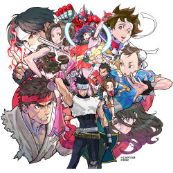 6+boys 6+girls :d :o ainu_clothes asamiya_athena black_gloves black_hair bracelet bright_pupils brown_eyes brown_hair bun_cover capcom chun-li clenched_hand commentary_request copyright_notice cropped_shoulders double_bun edward_fokker fatal_fury fingerless_gloves fire frown glasses gloves grey_eyes hair_bun hair_ribbon hairband headband highres holding holding_weapon ichimonji_batsu jewelry june_lin_milliam justice_gakuen kagami_kyousuke kanzaki_hayato_(star_gladiator) kasugano_sakura kusanagi_kyou long_hair looking_at_viewer looking_to_the_side multiple_boys multiple_girls nakoruru nishimura_kinu official_art open_mouth purple_hair red_gloves red_hairband red_headband ribbon ryu_(street_fighter) samurai_spirits second-party_source shiranui_mai short_hair simple_background smile snk spiked_bracelet spikes star_gladiator street_fighter the_king_of_fighters wakaba_hinata watermark weapon white_background white_headband white_pupils