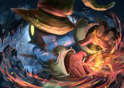 1boy absurdres black_mage_(final_fantasy) blue_coat brown_hat cave coat commentary final_fantasy final_fantasy_ix fire from_side gloves glowing glowing_eyes hat highres holding holding_staff holding_weapon long_sleeves mage_staff male_focus profile signature solo staff symbol-only_commentary vivi_ornitier watawata22 weapon wizard_hat