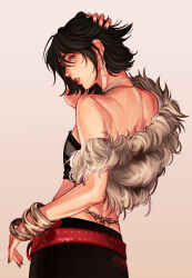 1girl aespa alien_stage back_tattoo belt black_hair black_nails black_tube_top bracelet chain chain_necklace commentary cosplay english_commentary from_behind fur_jacket hand_on_own_head highres jacket jewelry k-pop karina_(aespa) karina_(aespa)_(cosplay) multiple_bracelets necklace purple_eyes red_belt short_hair signature simple_background sleeveless sleeveless_jacket solo strapless sua_(alien_stage) tattoo tube_top ujugn white_background