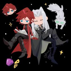 2boys animalization apple aqua_eyes aries20770321 armor black_background black_boots black_gloves black_jacket black_pants black_shirt book boots brown_hair cat chest_strap closed_eyes crisis_core_final_fantasy_vii crossed_legs final_fantasy final_fantasy_vii food fruit full_body genesis_rhapsodos gloves green_eyes grey_fur grey_hair grin jacket long_bangs long_hair male_focus multiple_boys open_book pants parted_bangs pauldrons reading red_gloves red_jacket sephiroth shirt short_hair shoulder_armor slit_pupils smile teeth twitter_username