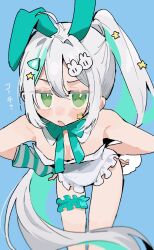 1girl ahoge alternate_costume animal_ears blue_background blush bow breasts detached_collar detached_sleeves epinel_(nikke) fake_animal_ears frilled_leotard frilled_thigh_strap frills goddess_of_victory:_nikke green_bow green_eyes green_hair hair_between_eyes hair_intakes hair_ornament hands_on_own_hips highres leaning_forward leotard long_hair looking_at_viewer multicolored_hair nnn_chisi nose_blush open_mouth oversized_breast_cup playboy_bunny ponytail rabbit_ears rabbit_hair_ornament rabbit_tail sidelocks simple_background single_detached_sleeve small_breasts standing star_(symbol) star_hair_ornament star_sticker strapless strapless_leotard streaked_hair tail thigh_strap translation_request very_long_hair white_hair white_leotard