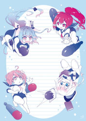 4girls barefoot blue_eyes blue_one-piece_swimsuit blue_sailor_collar book breasts chibi commentary_request flower-shaped_pupils glasses hair_ornament hair_ribbon hina-uta holding holding_torpedo i-168_(kancolle) i-19_(kancolle) i-58_(kancolle) i-8_(kancolle) kantai_collection large_breasts long_hair medium_breasts multicolored_hair multiple_girls neckerchief one-piece_swimsuit open_mouth pink_hair pink_neckerchief ponytail red_hair red_neckerchief ribbon sailor_collar school_swimsuit swimsuit swimsuit_under_clothes symbol-shaped_pupils thighhighs torpedo tri_tails white_thighhighs
