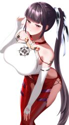 1girl absurdly_long_hair absurdres alternate_breast_size black_hair bodysuit breasts elbow_gloves eve_(neurolink_suit)_(nikke) eve_(stellar_blade) fingerless_gloves gloves goddess_of_victory:_nikke highres huge_breasts long_hair official_alternate_costume ponytail shift_up solo stellar_blade very_long_hair white_background wilhelmina_bd2