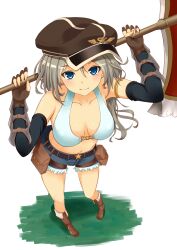 1girl axe belt belt_buckle belt_pouch bikini bikini_top_only black_sleeves blue_eyes blue_shorts blush boots breasts brown_belt brown_boots brown_gloves brown_hat buckle closed_mouth commentary_request detached_sleeves fingerless_gloves foreshortening full_body fur-trimmed_shorts fur_trim gloves grass grey_hair hat highres holding holding_axe holding_behind_back holding_weapon_behind_back kurohachiboku leaning_forward looking_at_viewer medium_breasts navel peaked_cap pouch ragnarok_online short_shorts shorts simple_background smile solo star_(symbol) swimsuit white_background white_bikini whitesmith_(ragnarok_online)