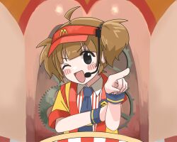 1girl ahoge badge black_eyes blue_necktie blunt_bangs blush brown_hair gears hat headset highres imadake_dabuchi_tabemi looking_at_viewer mcdonald&#039;s necktie one_eye_closed open_mouth pointing pointing_at_viewer red_hat shirt smile solo striped_clothes striped_shirt torotoro_no twintails v-shaped_eyebrows vertical-striped_clothes vertical-striped_shirt visor_cap white_shirt wristband yellow_happi