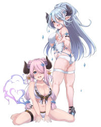 2girls absurdres ass bare_arms bare_shoulders bikini blue_bikini blue_eyes blue_hair blush braid breasts butt_crack cleavage collarbone commentary_request draph eyes_visible_through_hair flower full_body granblue_fantasy hair_between_eyes hair_flower hair_ornament hair_over_one_eye hair_over_shoulder halterneck heart high_heels highleg highleg_bikini highres horns ice izmir izmir_(summer)_(granblue_fantasy) kneepits large_breasts layered_bikini light_purple_hair lips long_hair looking_at_viewer low_tied_hair midriff mole mole_under_mouth multiple_girls narmaya_(granblue_fantasy) navel open_mouth pointy_ears ponytail red_eyes simple_background single_braid sitting skindentation sleeveless spicy_moo stomach swimsuit thigh_strap thighs very_long_hair wariza whale_tail_(clothing) white_background white_bikini