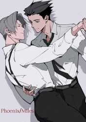 2boys ace_attorney adam&#039;s_apple arm_around_waist belt black_hair black_necktie black_pants brown_eyes c138300 character_name closed_mouth collared_shirt commentary cowboy_shot curtained_hair dancing drop_shadow eye_contact film_grain grey_background grey_belt grey_hair hashtag-only_commentary highres holding_hands long_sleeves looking_at_another male_focus miles_edgeworth multiple_boys necktie open_collar outstretched_arm pants phoenix_wright shirt shirt_tucked_in short_hair short_sideburns smile suspenders white_shirt wing_collar yaoi