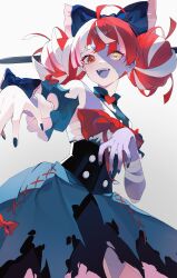 Rule 34 | 1girl, :d, absurdres, ahoge, bow, colored skin, colored tongue, commentary, dress, earrings, fyoshou, grey skin, hair bow, hashtag-only commentary, highres, hololive, hololive indonesia, huge bow, jewelry, kureiji ollie, kureiji ollie (1st costume), multicolored eyes, multicolored hair, multicolored skin, nail polish, object through head, open mouth, outstretched arms, patchwork skin, purple tongue, red eyes, red hair, smile, solo, stitched arm, stitched face, stitched leg, stitched torso, stitches, streaked hair, sword in head, symbol-shaped pupils, torn clothes, torn dress, two-tone skin, virtual youtuber, white background, white hair, x-shaped pupils, yellow eyes, zombie, zombie pose