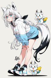 1girl ahoge alternate_costume animal_ear_fluff animal_ear_piercing animal_ears artist_name black_ribbon black_shorts black_socks blue_eyes blue_hoodie braid chestnut_mouth dated fox_ears fox_girl fox_tail from_side hair_between_eyes hair_ribbon hands_on_own_knees highres hololive hood hood_down hoodie kubota_masaki leaning_forward light_blush long_hair ribbon shirakami_fubuki shorts simple_background single_braid socks standing sukonbu_(shirakami_fubuki) tail two-tone_hoodie very_long_hair virtual_youtuber white_background white_hair white_hoodie white_sneakers