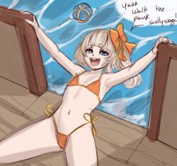 1girl 2025 :3 bikini blue_eyes blush english_text flat_chest highres holding_railing indie_virtual_youtuber looking_up marimari_(vtuber) mysticalpp open_mouth orange_bikini orange_ribbon pirate_ship plank ribbon side-tie_bikini_bottom sidetail solo speech_bubble swimsuit