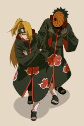 2boys absurdres akatsuki_uniform black_cloak black_hair blonde_hair blue_eyes cloak crossed_arms deidara_(naruto) forehead_protector full_body gloves hair_over_one_eye highres long_hair long_sleeves looking_at_another male_focus mask multiple_boys naruto_(series) naruto_shippuuden ninja pnpk_1013 ponytail short_hair tobi_(naruto) uchiha_obito wide_sleeves