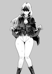 1girl ascot blush duchess_(elden_ring) elden_ring elden_ring_nightreign eye_mask fundoshi greyscale highleg highres japanese_clothes knees_together_feet_apart lifting_own_clothes monochrome nakasone_haiji no_pants ponytail simple_background solo standing sweat thighs