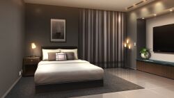 bed bed_sheet bedroom carpet ceiling_light curtains desk_lamp drawer grey_theme highres indoors lamp night no_humans non-web_source official_art our_life:_beginnings_and_always photo_(object) pillow scenery television tile_floor tiles white_blanket