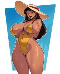 1girl alternate_costume areola_slip arms_under_breasts black_hair black_lips blush bracelet breasts brown_eyes cleavage covered_navel curvy dark_nipples earrings hat highres hoop_earrings huge_breasts jakuson_z jewelry lilo_&amp;_stitch long_hair looking_at_viewer nani_pelekai nipples one-piece_swimsuit solo standing sun_hat swimsuit yellow_one-piece_swimsuit