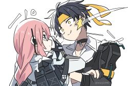 Rule 34 | 1boy, 1girl, armor, artist name, asaba harumasa, black choker, black gloves, black hair, choker, closed mouth, dress shirt, glasses, gloves, hair between eyes, headband, highres, long hair, murji1996, pink eyes, shirt, short hair, shoulder armor, sidelocks, simple background, slapping, smile, tsukishiro yanagi, upper body, white shirt, yellow background, yellow headband, zenless zone zero