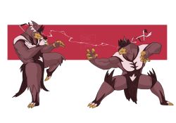 bad_id bad_twitter_id closed_mouth commentary english_commentary eye_contact fang fighting_stance francesco_di_mauro gen_8_pokemon hands_up highres legendary_pokemon legs_apart looking_at_another nintendo pokemon pokemon_(creature) skin_fang standing standing_on_one_leg urshifu urshifu_(rapid) urshifu_(single)