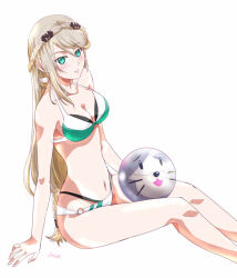 artist_name ball beachball bikini blonde_hair braid breasts cleavage crown_braid curtained_hair eiyuu_densetsu green_eyes hair_between_eyes kuro_no_kiseki_(series) looking_at_viewer medium_breasts mishy navel parted_bangs simple_background single_braid single_sidelock sitting swimsuit white_background xiacheng_tatsuya