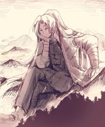 Rule 34 | 1boy, absurdres, crossed legs, giant, greyscale, hand up, high ponytail, highres, jacket, jia huan (limbus company), limbus company, long hair, long sleeves, male focus, monochrome, mountainous horizon, pants, ponytail, project moon, puffy long sleeves, puffy sleeves, red eyes, solo, spot color, surumenabe, very long hair
