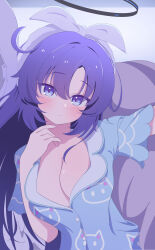 1girl :o absurdres animal_print black_halo blue_archive blue_pajamas blue_shirt blush breasts cat_print cleavage commentary fortysansan hairband halo highres large_breasts long_hair looking_at_viewer mechanical_halo no_bra official_alternate_costume official_alternate_hairstyle pajamas purple_eyes purple_hair shirt solo white_hairband yuuka_(blue_archive) yuuka_(pajamas)_(blue_archive)